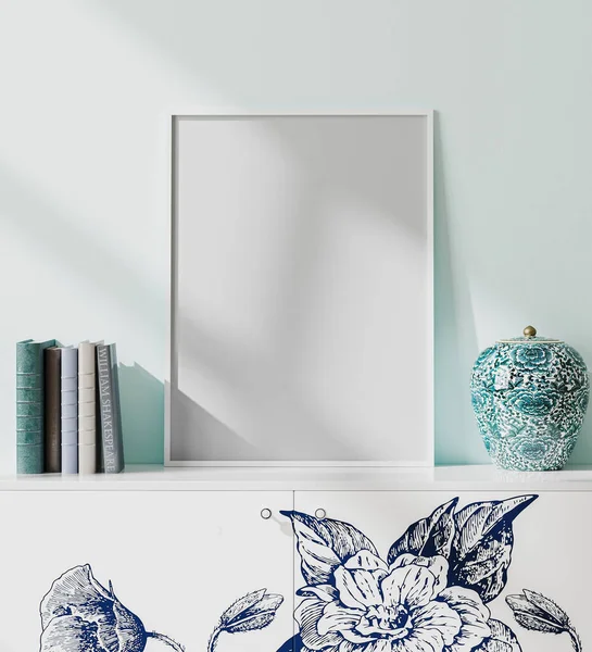 Mock White Blank Poster Frame Modern Orient Style Interior Light — Stock Photo, Image
