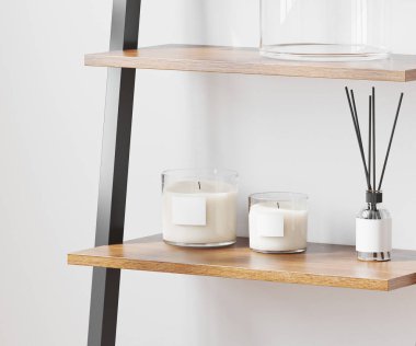 Kokulu mum ve boş etiket aromalı sazlık yayıcı beyaz duvar zemininde ahşap raf, ev aromatik mumlar, aromaterapi, 3D görüntüleme