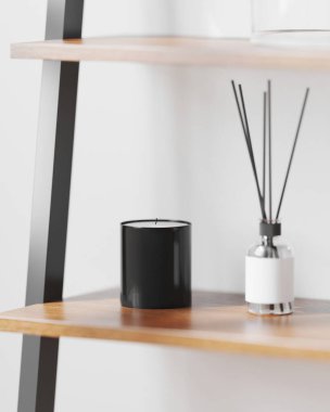 Aroma aromalı siyah mum, ahşap rafta, beyaz duvar zemininde, ev aromatik mumlar, aromaterapi, taklit et, 3D görüntüleme.