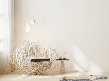 Oturma odasının arka planı, tahta koltuk ve pencerenin yanındaki kahve masası, boş duvar modeli, 3D görüntüleme.