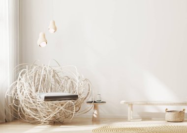 Modern oturma odasının içi parlak renklerde, yuva tasarımı koltuğu, ahşap bank ve kolye ışığı, İskandinav tarzı, oda içi modelleme, 3D