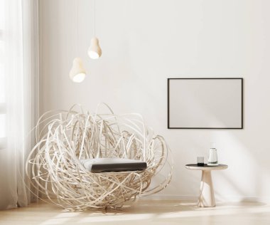 Boş yatay çerçeve, modern oturma odasının arka planında, açık bej tonlarda, 3D renkte, duvarda taklit edilir.