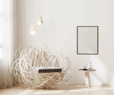 Boş çerçeve modern arkaplan, açık bej oturma odası şık koltuk, poster çerçeve modeli, İskandinav tarzı, 3D canlandırma