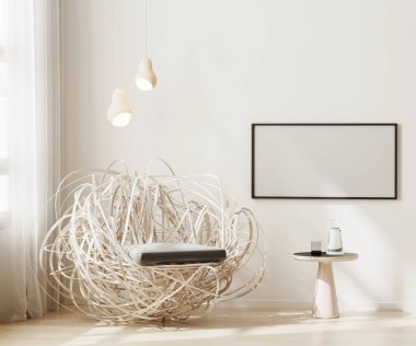 Boş yatay çerçeve, modern oturma odasının arka planında, açık bej tonlarda, 3D renkte, duvarda taklit edilir.