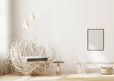 Boş çerçeve modern arkaplan, açık bej oturma odası şık koltuk, poster çerçeve modeli, İskandinav tarzı, 3D canlandırma