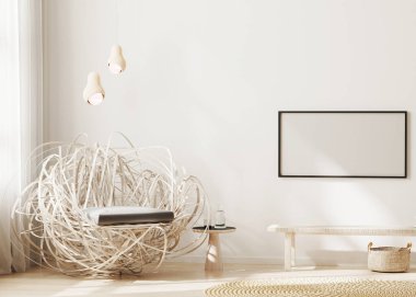 Boş yatay çerçeve, modern oturma odasının arka planında, açık bej tonlarda, 3D renkte, duvarda taklit edilir.