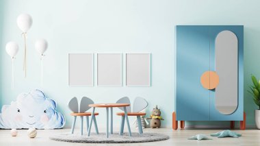 Poster çerçevesi mavi duvara modern çocuk odasının iç dekorasyonu, çocuk odası arka planı, çocuk odası, çocuk odası, 3D tasarımı.