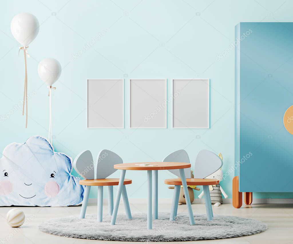 Blank frame mock up in blue children room interior with kids table and toys, child playroom interior background, 3d rendering