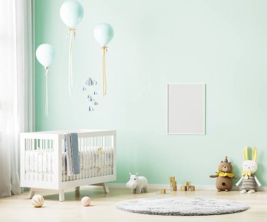 Boş poster çerçevesi, bebek odasının arka planında, bebek yatağı, yumuşak oyuncaklar, balonlar, 3D görüntüleme ile yeşil duvara modellenir.