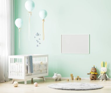 Boş yatay çerçeve, bebek odasının arka planındaki yeşil duvarda bebek yatağı, yumuşak oyuncaklar, balonlar, 3D görüntüleme ile taklit edilir.