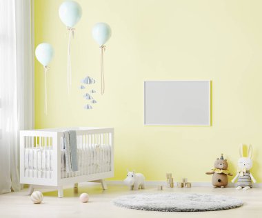 Boş yatay çerçeve bebek yatağı, yumuşak oyuncaklar, balonlar, 3D görüntüleme ile bebek odasının arka planındaki sarı duvarda taklit edilir.