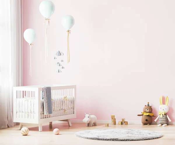 Pink nursery room interior background with baby bedding, toys, balloons, nursery mock up, kids room interior, 3d rendering