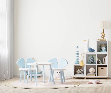 Parlak çocuk odası, çocuk masası, pencere kenarındaki raflar, mobilya, çocuk odası boş duvar, 3D tasarım.