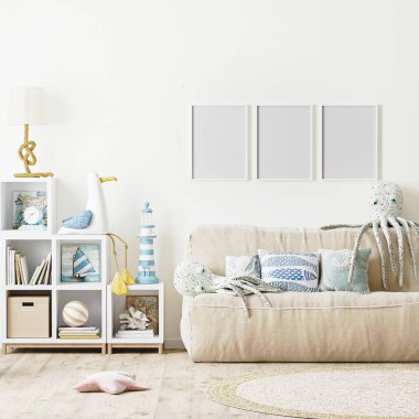 Boş poster çerçevesi Modern Çocuklar 'ın yatak odası iç plan, İskandinav tarzı, 3D rendeing