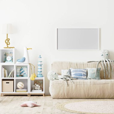 Boş yatay çerçeve Modern Çocuklar yatak odası iç plan, İskandinav tarzı, 3D rendeing