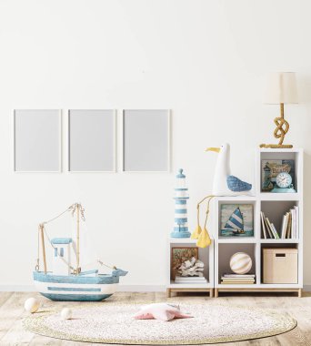 Boş poster çerçevesi İskandinav tarzı çocuk odasının içi kitaplarla ve oyuncaklarla dolu.