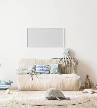 Boş yatay çerçeve, çocuk odasının arka planında, yatak ve yumuşak oyuncaklarla, 3D görüntüleme