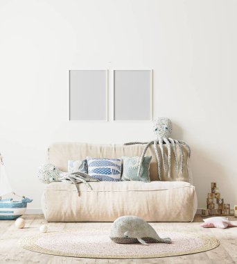 Boş poster çerçevesi, çocuk odasının arka planında, yatak ve yumuşak oyuncaklarla maket yapıyor.