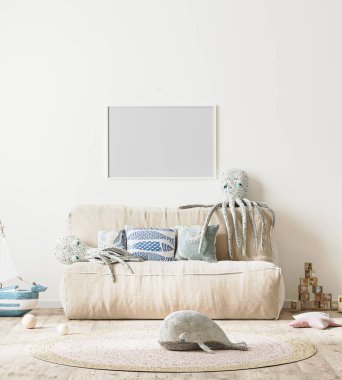 Boş yatay çerçeve, çocuk odasının arka planında, yatak ve yumuşak oyuncaklarla, 3D görüntüleme