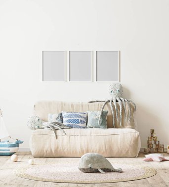 Boş poster çerçevesi, çocuk odasının arka planında, yatak ve yumuşak oyuncaklarla maket yapıyor.