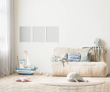 afiş çerçevesi, çocuk odasının içinde yatak ve yumuşak oyuncaklarla, 3D görüntüleme ile modellenir.