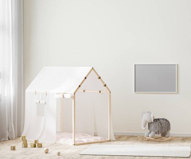 Yatay çerçeve, çocuk odasının arka planında çadır ve oyuncaklarla maket yapar.