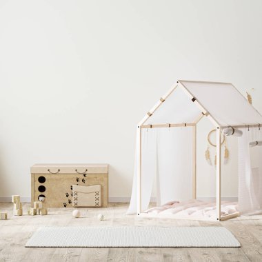 Hindistan tarzı çocuk odasının içinde çadır, çekmeceler ve oyuncaklardan oluşan çocuk sandığı, 3D görüntüleme.