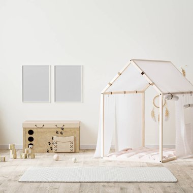 afiş çerçevesi Hint stili çocukların odasının içinde çadır, çocukların çekmeceleri ve oyuncaklarla dolu, 3 boyutlu görüntüler.