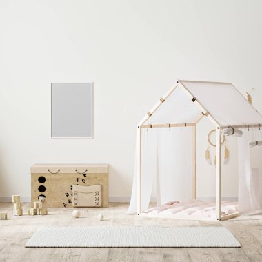 afiş çerçevesi Hint stili çocukların odasının içinde çadır, çocukların çekmeceleri ve oyuncaklarla dolu, 3 boyutlu görüntüler.