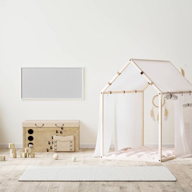 yatay çerçeve Hint stili çocukların odasının içinde çadır, çekmeceler ve oyuncaklardan oluşan bir sandık, 3D görüntüleme.