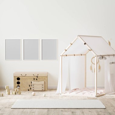 afiş çerçevesi Hint stili çocukların odasının içinde çadır, çocukların çekmeceleri ve oyuncaklarla dolu, 3 boyutlu görüntüler.