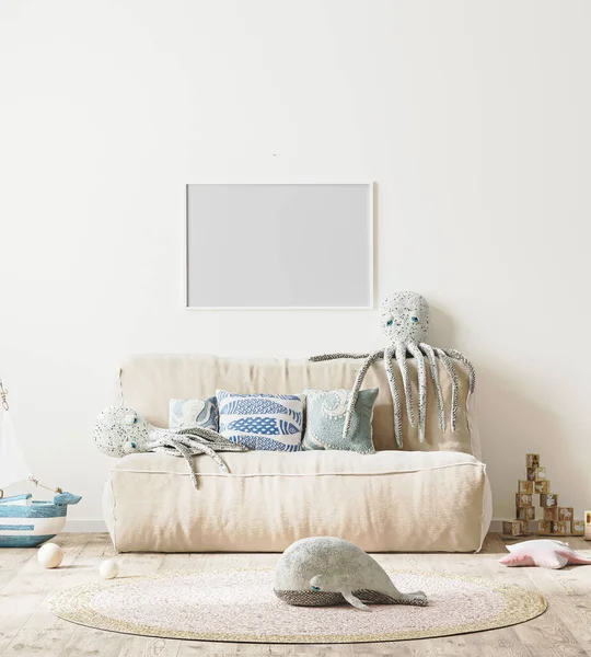 Boş yatay çerçeve, çocuk odasının arka planında, yatak ve yumuşak oyuncaklarla, 3D görüntüleme