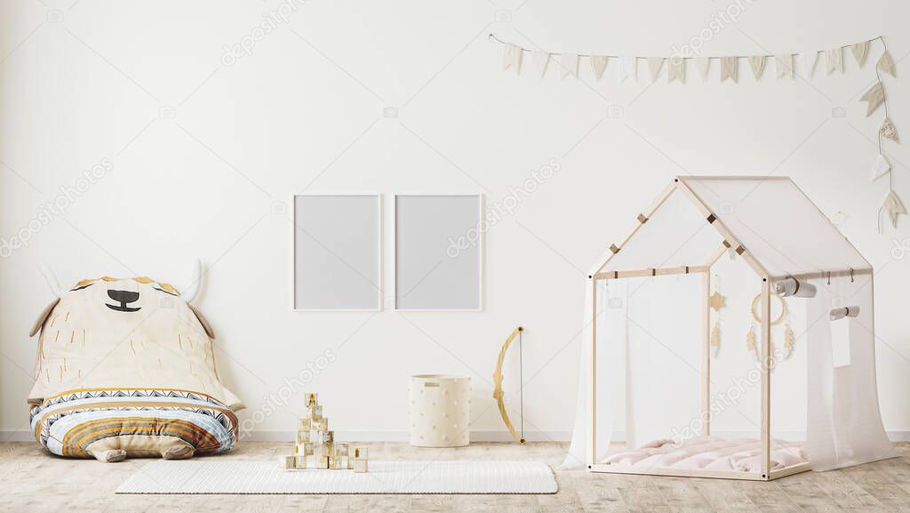 blank poster frame in children playroom interior in country style with tent, soft armchair and toys, 3d rendering