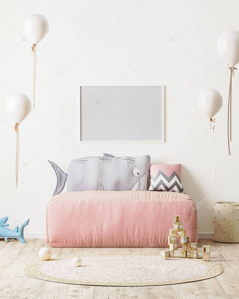 horizontal frame mock up in children's room with pink sofa and soft toys, 3d rendering