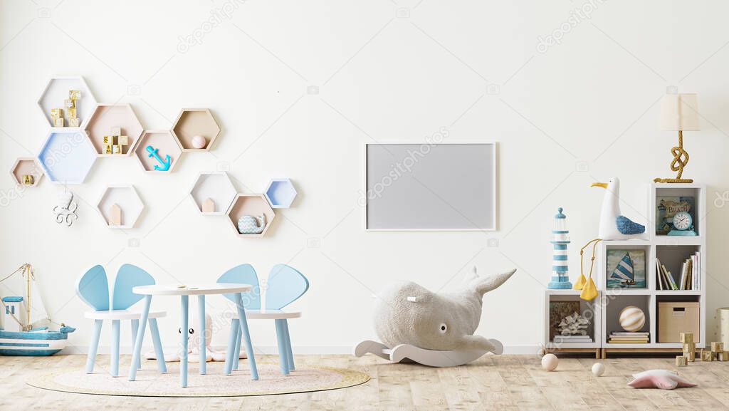 horizontal frame mock up in children's playroom interior with toys, kids furniture, table with chairs, shelves, scandinavian style, 3d rendering