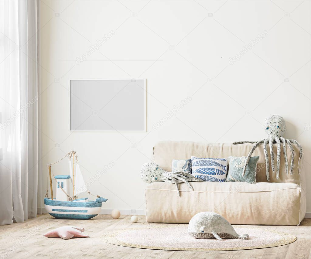 horizontal frame mock up in children's room interior with bed and soft toys, 3d rendering