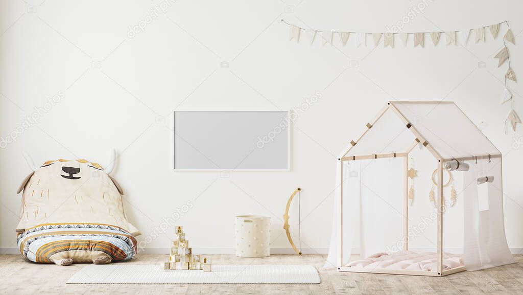 blank horizontal frame in children playroom interior in country style with tent, soft armchair and toys, 3d rendering