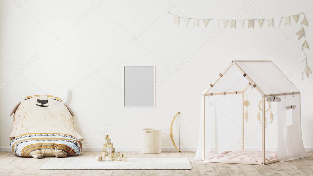 blank poster frame in children playroom interior in country style with tent, soft armchair and toys, 3d rendering