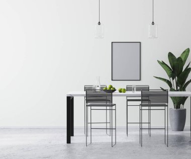 poster çerçeveleri çağdaş bar tabureleri, İskandinav minimalist tarzı, 3D görüntüleme ile modern parlak beyaz oda iç mimarisi ile modellenir.