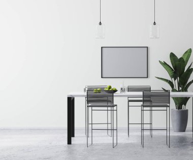 yatay çerçeve modern beyaz oda iç mimarisi modern bar masası ve bar tabureleri, İskandinav minimalist tarzı, 3D görüntüleme