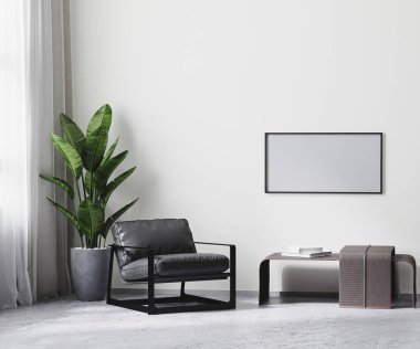 Modern oda içinde yatay çerçeve Gri tonlu, beyaz boş duvar maket, 3D görüntüleme