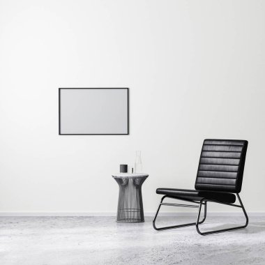 Çağdaş iç tasarım sahnesinde boş yatay çerçeve kahve masalı siyah koltuk, beyaz duvar ve beton zemin, 3D görüntüleme