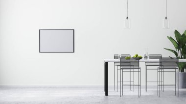 yatay çerçeve modern beyaz oda iç mimarisi modern bar masası ve bar tabureleri, İskandinav minimalist tarzı, 3D görüntüleme