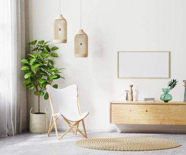 Beyaz koltuk ve ahşap mobilyalar, scandi boho tarzı, 3D görüntüleme ile oturma odasının iç planında yatay çerçeve oluşturun.