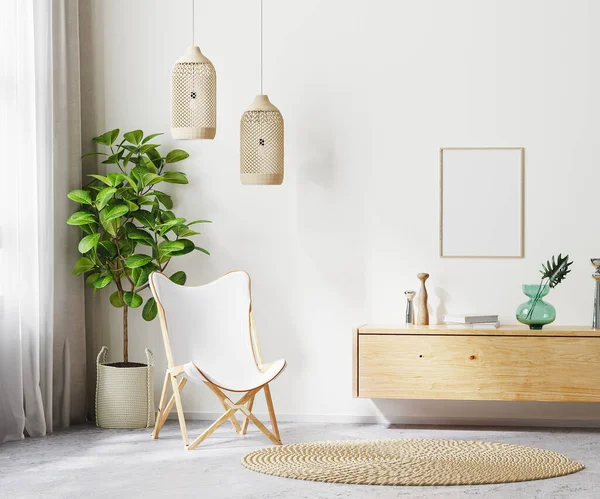 Beyaz koltuk ve ahşap mobilyalar, scandi boho tarzı, 3D görüntüleme ile oturma odasının arka planında poster çerçevesi oluşturuldu.