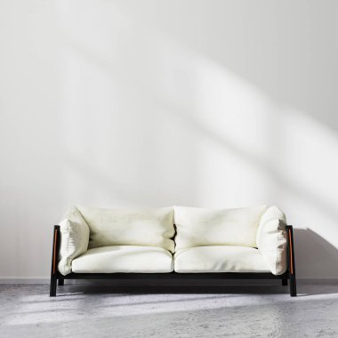 İskandinav tarzı minimalist oturma odasının iç dekorasyonu, çiğ beton zeminde beyaz kanepe güneş ışınlarıyla beyaz duvar, çağdaş oturma odası arka planı, 3D görüntüleme.