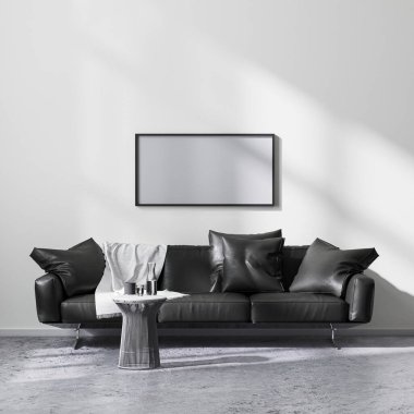 Modern minimalist stil oturma odasındaki yatay resim çerçevesini siyah kanepe, 3D görüntüleme.