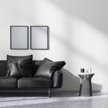 Modern minimalist tarzlı oturma odasının iç mekânındaki poster çerçevelerini 3D biçimlendirme