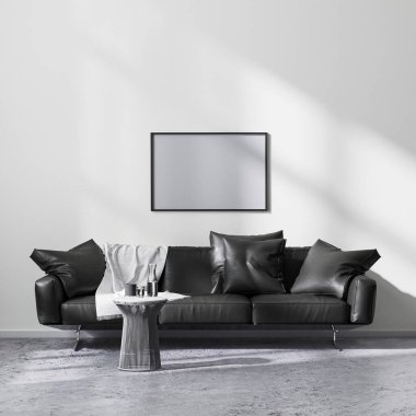 Modern minimalist stil oturma odasındaki yatay resim çerçevesini siyah kanepe, 3D görüntüleme.