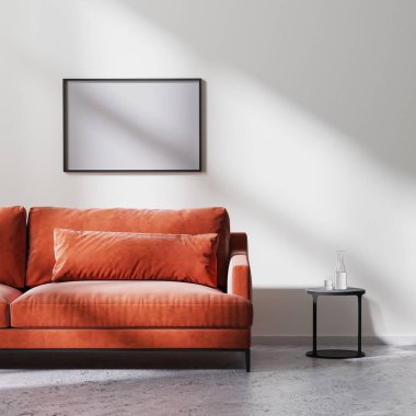 yatay çerçeve kırmızı kanepe, siyah sehpa beyaz boş duvar güneş ışınları, ham beton zemin, İskandinav minimalist tarzı, 3D görüntüleme